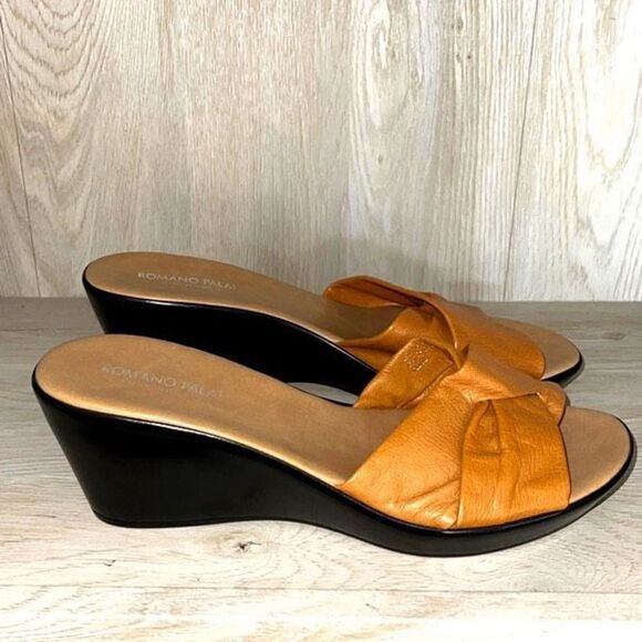 Romano Palai Womens Leather Wedge Sandals Slip On Open Toe Yellow Gold Size 10M - Picture 3 of 7